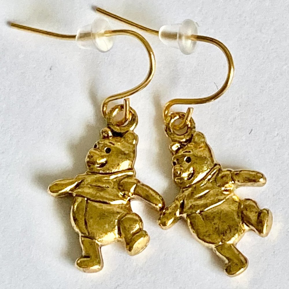 Vintage Disney Winnie the Pooh Earrings Gold Plated Disneyana Charms Signed